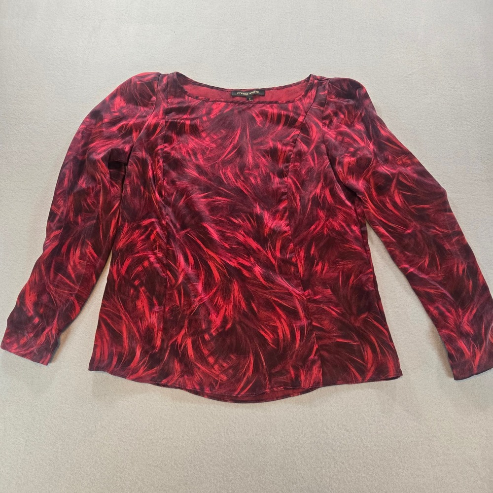 Cynthia Steffe Blouse Women 2 Red Silk Abstract Feather Print Long Sleeve Top‎